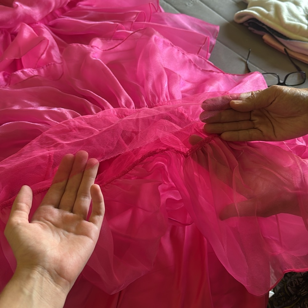 Pink Ruffled Prom Dress with Bow Straps - Picture 6 of 7